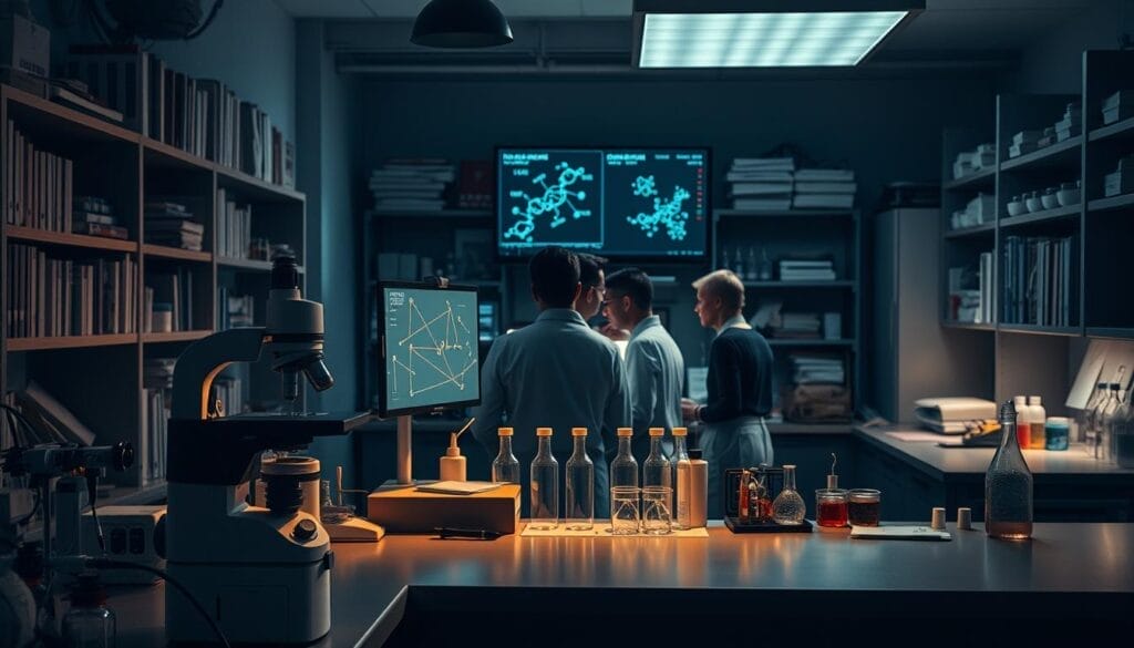 A dimly lit laboratory setting, with a scientific workbench in the foreground. On the workbench, a high-tech microscope and various scientific instruments. In the middle ground, a team of researchers intently studying a computer screen displaying molecular structures and genetic data. The background is filled with shelves of scientific journals, test tubes, and other laboratory equipment, all bathed in a soft, warm lighting. The mood is one of focused intensity, as the researchers make a groundbreaking discovery about a rare genetic variant in GRIN2C, a key component in Alzheimer's disease. The scene conveys the excitement and significance of this Italian scientific breakthrough. A dimly lit laboratory setting, with a scientific workbench in the foreground. On the workbench, a high-tech microscope and various scientific instruments. In the middle ground, a team of researchers intently studying a computer screen displaying molecular structures and genetic data. The background is filled with shelves of scientific journals, test tubes, and other laboratory equipment, all bathed in a soft, warm lighting. The mood is one of focused intensity, as the researchers make a groundbreaking discovery about a rare genetic variant in GRIN2C, a key component in Alzheimer's disease. The scene conveys the excitement and significance of this Italian scientific breakthrough.