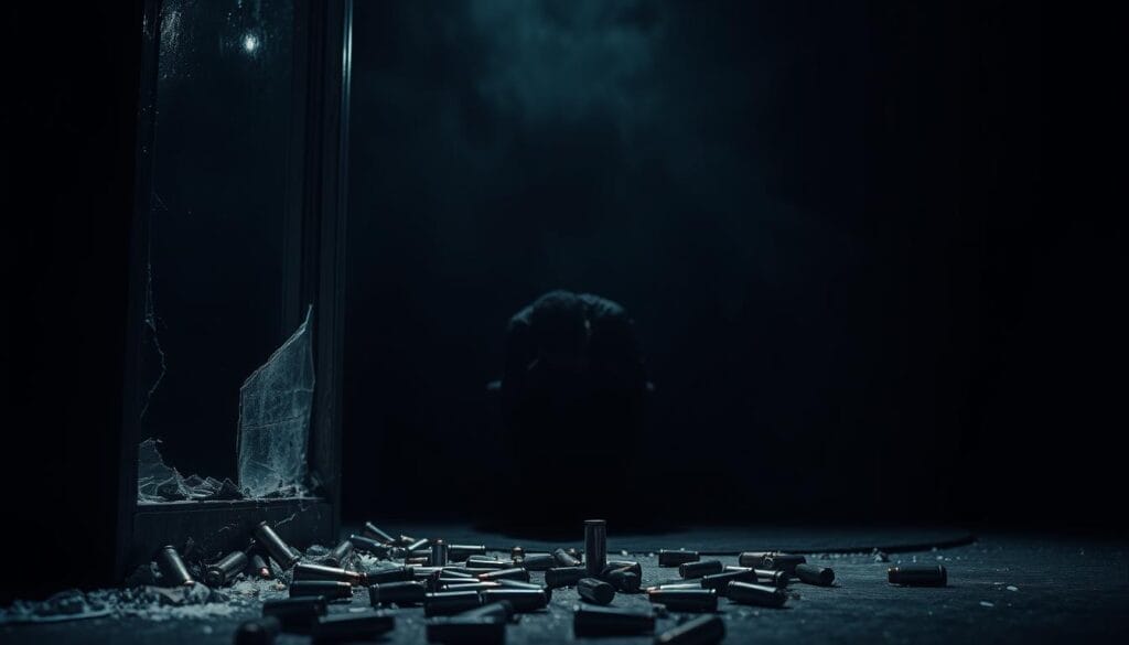 A dimly lit room, the air thick with tension. In the foreground, a shattered window and scattered bullet casings, representing the devastating aftermath of armed violence. In the middle ground, a lone figure hunched in a chair, their face obscured, symbolizing the mental anguish and despair that often accompanies such acts. The background shrouded in deep shadows, conveying the sense of a world in disarray, a darkness that envelops the fragile human psyche. The scene is illuminated by a single, harsh light source, casting ominous shadows and highlighting the rawness of the situation. This image captures the troubling intersection of armed violence and mental health, a complex and deeply troubling societal issue. A dimly lit room, the air thick with tension. In the foreground, a shattered window and scattered bullet casings, representing the devastating aftermath of armed violence. In the middle ground, a lone figure hunched in a chair, their face obscured, symbolizing the mental anguish and despair that often accompanies such acts. The background shrouded in deep shadows, conveying the sense of a world in disarray, a darkness that envelops the fragile human psyche. The scene is illuminated by a single, harsh light source, casting ominous shadows and highlighting the rawness of the situation. This image captures the troubling intersection of armed violence and mental health, a complex and deeply troubling societal issue.