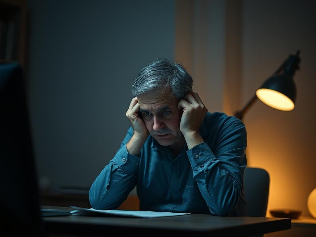 A dimly lit room with a middle-aged person sitting at a desk, head in hands, appearing distressed and lost in thought. Subtle signs of cognitive decline are evident - a confused expression, difficulty focusing, and a sense of disorientation. The background is hazy, blurred, suggesting a sense of mental fog. Soft, warm lighting emanates from a nearby lamp, creating a contemplative, pensive mood. The composition emphasizes the subject's isolation and internal struggle, capturing the early warning signs of cognitive deterioration. A dimly lit room with a middle-aged person sitting at a desk, head in hands, appearing distressed and lost in thought. Subtle signs of cognitive decline are evident - a confused expression, difficulty focusing, and a sense of disorientation. The background is hazy, blurred, suggesting a sense of mental fog. Soft, warm lighting emanates from a nearby lamp, creating a contemplative, pensive mood. The composition emphasizes the subject's isolation and internal struggle, capturing the early warning signs of cognitive deterioration.