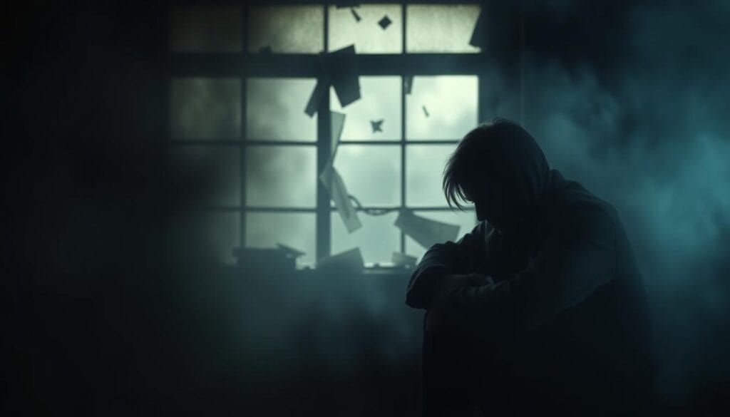 A haunting scene of the devastating impact of gun violence on mental health. In the foreground, a figure huddled in despair, their eyes downcast, shoulders slumped, surrounded by a hazy, dreamlike atmosphere. In the middle ground, a shattered window, a symbol of the shattered lives and broken dreams. The background is a blur of shadows and muted colors, conveying the sense of a world shrouded in darkness and despair. The lighting is dim, casting a somber, melancholic mood, as if the very air is heavy with the weight of trauma and anguish. This image aims to capture the profound emotional and psychological toll of gun violence, and the urgent need to address the mental health crisis it has sparked. A haunting scene of the devastating impact of gun violence on mental health. In the foreground, a figure huddled in despair, their eyes downcast, shoulders slumped, surrounded by a hazy, dreamlike atmosphere. In the middle ground, a shattered window, a symbol of the shattered lives and broken dreams. The background is a blur of shadows and muted colors, conveying the sense of a world shrouded in darkness and despair. The lighting is dim, casting a somber, melancholic mood, as if the very air is heavy with the weight of trauma and anguish. This image aims to capture the profound emotional and psychological toll of gun violence, and the urgent need to address the mental health crisis it has sparked.