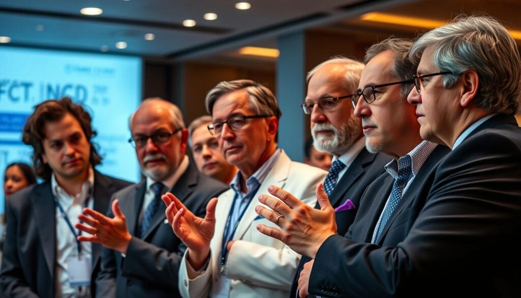 A high-profile panel of neurological experts, adorned in professional attire, gathered against a backdrop of a modern medical conference hall. Warm, directional lighting illuminates their pensive expressions as they engage in a serious discussion, their gestures conveying the gravity and importance of the topic at hand. The scene has a sense of authority and intellectual depth, reflecting the significance of the LIMPE-DISMOV 2025 congress on movement disorders in Rome. A high-profile panel of neurological experts, adorned in professional attire, gathered against a backdrop of a modern medical conference hall. Warm, directional lighting illuminates their pensive expressions as they engage in a serious discussion, their gestures conveying the gravity and importance of the topic at hand. The scene has a sense of authority and intellectual depth, reflecting the significance of the LIMPE-DISMOV 2025 congress on movement disorders in Rome.