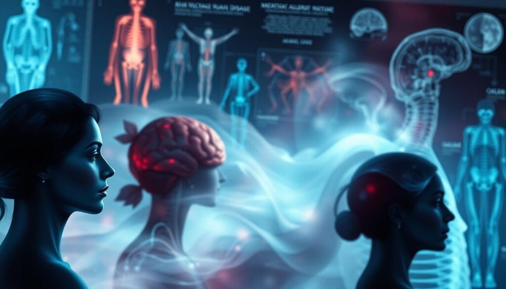 A high-resolution digital painting depicting four prominent neurological disorders affecting women - migraine, multiple sclerosis, Alzheimer's disease, and common pathologies. The composition has a clinical yet emotive tone, with the disorders represented by abstract, ethereal forms in the foreground against a softly blurred background of medical imagery and anatomical references. Subtle use of chiaroscuro lighting emphasizes the gravity and complexity of these conditions. The overall aesthetic is visually striking yet informative, suitable for use in a medical article exploring gender differences in neurological diseases. A high-resolution digital painting depicting four prominent neurological disorders affecting women - migraine, multiple sclerosis, Alzheimer's disease, and common pathologies. The composition has a clinical yet emotive tone, with the disorders represented by abstract, ethereal forms in the foreground against a softly blurred background of medical imagery and anatomical references. Subtle use of chiaroscuro lighting emphasizes the gravity and complexity of these conditions. The overall aesthetic is visually striking yet informative, suitable for use in a medical article exploring gender differences in neurological diseases.