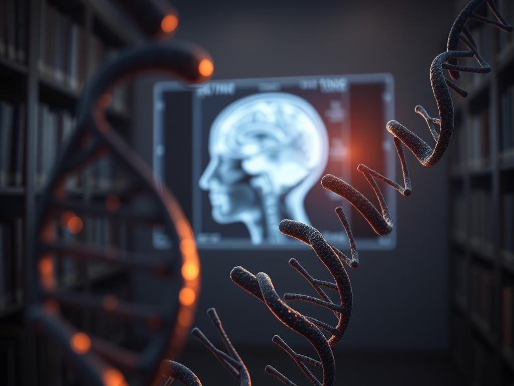 A high-resolution, photorealistic image of genetic factors influencing Alzheimer's disease. In the foreground, a detailed close-up view of DNA strands and molecular structures, illuminated by soft, warm lighting. In the middle ground, a brain scan or medical imaging visualization, subtly hinting at the effects of Alzheimer's on cognitive function. The background is a muted, scholarly setting, perhaps a research laboratory or medical library, conveying a sense of scientific investigation and discovery. The overall composition and palette evoke a pensive, contemplative mood, suitable for illustrating the risks and mechanisms of early-onset Alzheimer's. A high-resolution, photorealistic image of genetic factors influencing Alzheimer's disease. In the foreground, a detailed close-up view of DNA strands and molecular structures, illuminated by soft, warm lighting. In the middle ground, a brain scan or medical imaging visualization, subtly hinting at the effects of Alzheimer's on cognitive function. The background is a muted, scholarly setting, perhaps a research laboratory or medical library, conveying a sense of scientific investigation and discovery. The overall composition and palette evoke a pensive, contemplative mood, suitable for illustrating the risks and mechanisms of early-onset Alzheimer's.