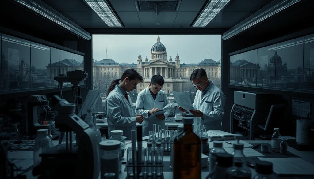 A high-tech research laboratory at McGill University, bathed in a somber, muted palette. The foreground features various scientific instruments, test tubes, and lab equipment arranged in a pensive, clinical manner. In the middle ground, a team of researchers poring over data and reports, their expressions contemplative and slightly troubled. The background reveals a panoramic view of the university campus, its grand architecture shrouded in a hazy, melancholic atmosphere. Dramatic chiaroscuro lighting casts dramatic shadows, evoking a sense of introspection and the weight of the research topic at hand - the complex challenges of diagnosing and treating adolescent depression. A high-tech research laboratory at McGill University, bathed in a somber, muted palette. The foreground features various scientific instruments, test tubes, and lab equipment arranged in a pensive, clinical manner. In the middle ground, a team of researchers poring over data and reports, their expressions contemplative and slightly troubled. The background reveals a panoramic view of the university campus, its grand architecture shrouded in a hazy, melancholic atmosphere. Dramatic chiaroscuro lighting casts dramatic shadows, evoking a sense of introspection and the weight of the research topic at hand - the complex challenges of diagnosing and treating adolescent depression.