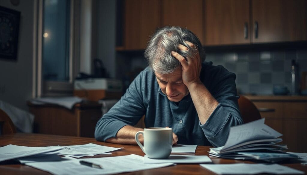 A middle-aged parent, shoulders slumped, sits at a kitchen table with their head in their hands, surrounded by scattered papers and a cup of untouched coffee. The lighting is moody, with a warm glow from a nearby window casting soft shadows across the scene. The atmosphere conveys a sense of overwhelming stress, fatigue, and mental exhaustion as the parent grapples with the challenges of their child's school distress. The composition focuses on the parent's pensive, troubled expression, capturing the profound impact of their child's situation on their own mental health and well-being. A middle-aged parent, shoulders slumped, sits at a kitchen table with their head in their hands, surrounded by scattered papers and a cup of untouched coffee. The lighting is moody, with a warm glow from a nearby window casting soft shadows across the scene. The atmosphere conveys a sense of overwhelming stress, fatigue, and mental exhaustion as the parent grapples with the challenges of their child's school distress. The composition focuses on the parent's pensive, troubled expression, capturing the profound impact of their child's situation on their own mental health and well-being.