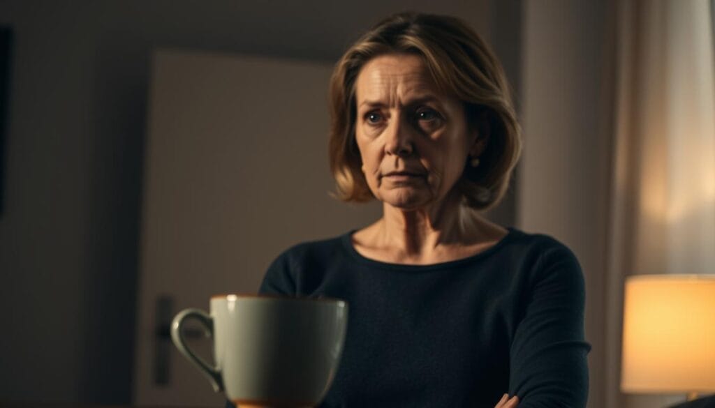 A middle-aged woman standing in a dimly lit room, her expression weary and pensive. In the foreground, a cup of tea sits untouched, a symbol of the emotional fatigue and lack of energy she experiences. The background is blurred, suggesting the overwhelming nature of her psychological symptoms during perimenopause, such as mood swings, anxiety, and irritability. The lighting is soft and warm, creating a sense of introspection and vulnerability. The overall atmosphere conveys the gravity and complexity of the woman's perimenopausal experience. A middle-aged woman standing in a dimly lit room, her expression weary and pensive. In the foreground, a cup of tea sits untouched, a symbol of the emotional fatigue and lack of energy she experiences. The background is blurred, suggesting the overwhelming nature of her psychological symptoms during perimenopause, such as mood swings, anxiety, and irritability. The lighting is soft and warm, creating a sense of introspection and vulnerability. The overall atmosphere conveys the gravity and complexity of the woman's perimenopausal experience.