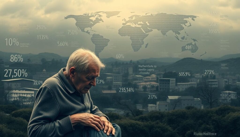 A panoramic landscape depicting the global impacts of dementia. In the foreground, a fragile elderly person struggles with cognitive decline, surrounded by supportive loved ones. The middle ground showcases a diverse array of caregiving settings, from understaffed nursing homes to strained family environments. In the distant background, a montage of global statistics and maps conveys the staggering scale of the dementia crisis, with rising prevalence rates and overburdened healthcare systems. Muted colors and soft lighting create a somber, contemplative atmosphere, underscoring the gravity of this public health challenge. Detailed yet cohesive, the image holistically represents the multilayered societal, economic, and personal toll of dementia. A panoramic landscape depicting the global impacts of dementia. In the foreground, a fragile elderly person struggles with cognitive decline, surrounded by supportive loved ones. The middle ground showcases a diverse array of caregiving settings, from understaffed nursing homes to strained family environments. In the distant background, a montage of global statistics and maps conveys the staggering scale of the dementia crisis, with rising prevalence rates and overburdened healthcare systems. Muted colors and soft lighting create a somber, contemplative atmosphere, underscoring the gravity of this public health challenge. Detailed yet cohesive, the image holistically represents the multilayered societal, economic, and personal toll of dementia.