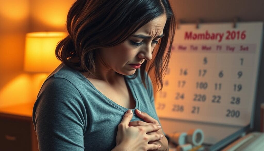 A realistic illustration of premenstrual syndrome (PMS), depicting a woman experiencing physical and emotional symptoms. In the foreground, a pained expression on her face, hands clutching her abdomen. Midground, subtle visual cues like bloating, cramps, and irritability. In the background, a softly blurred calendar, highlighting the cyclical nature of PMS. Warm lighting casts a somber, introspective mood. Realistic, high-detail rendering showcases the physiological and psychological aspects of this common women's health issue. A realistic illustration of premenstrual syndrome (PMS), depicting a woman experiencing physical and emotional symptoms. In the foreground, a pained expression on her face, hands clutching her abdomen. Midground, subtle visual cues like bloating, cramps, and irritability. In the background, a softly blurred calendar, highlighting the cyclical nature of PMS. Warm lighting casts a somber, introspective mood. Realistic, high-detail rendering showcases the physiological and psychological aspects of this common women's health issue.