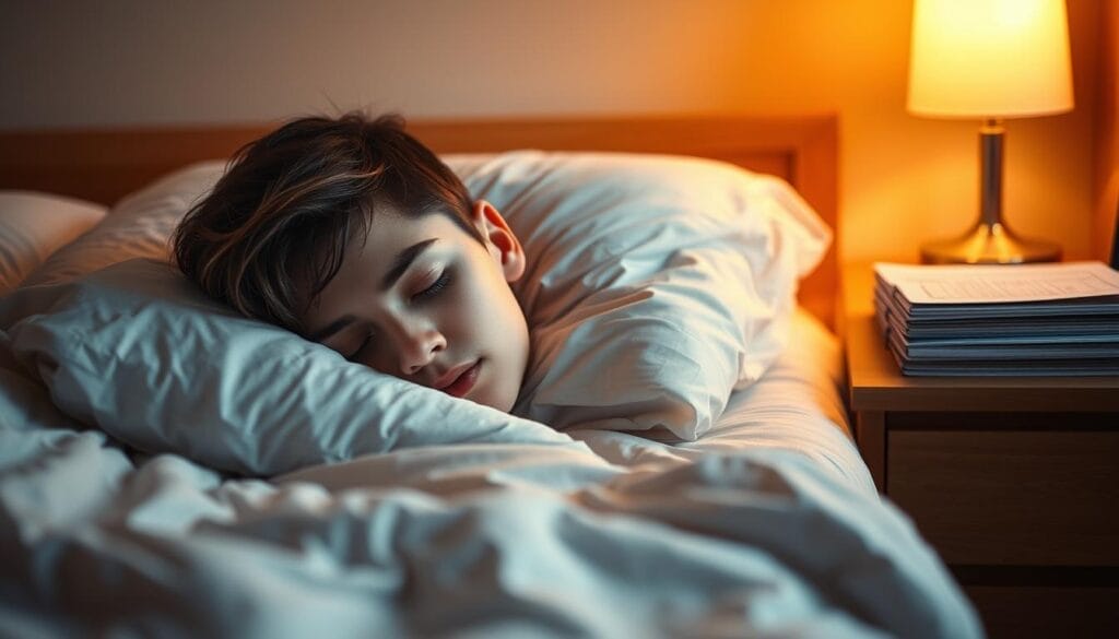 A serene bedroom scene with a young person deeply asleep, their face resting peacefully on a soft pillow. The room is bathed in warm, diffused lighting, creating a cozy and tranquil atmosphere. In the background, a desk with cognitive assessment materials sits untouched, suggesting the benefits of adequate rest for mental performance. The overall composition conveys the connection between healthy sleep patterns and enhanced cognitive abilities, a central theme of the article section. A serene bedroom scene with a young person deeply asleep, their face resting peacefully on a soft pillow. The room is bathed in warm, diffused lighting, creating a cozy and tranquil atmosphere. In the background, a desk with cognitive assessment materials sits untouched, suggesting the benefits of adequate rest for mental performance. The overall composition conveys the connection between healthy sleep patterns and enhanced cognitive abilities, a central theme of the article section.