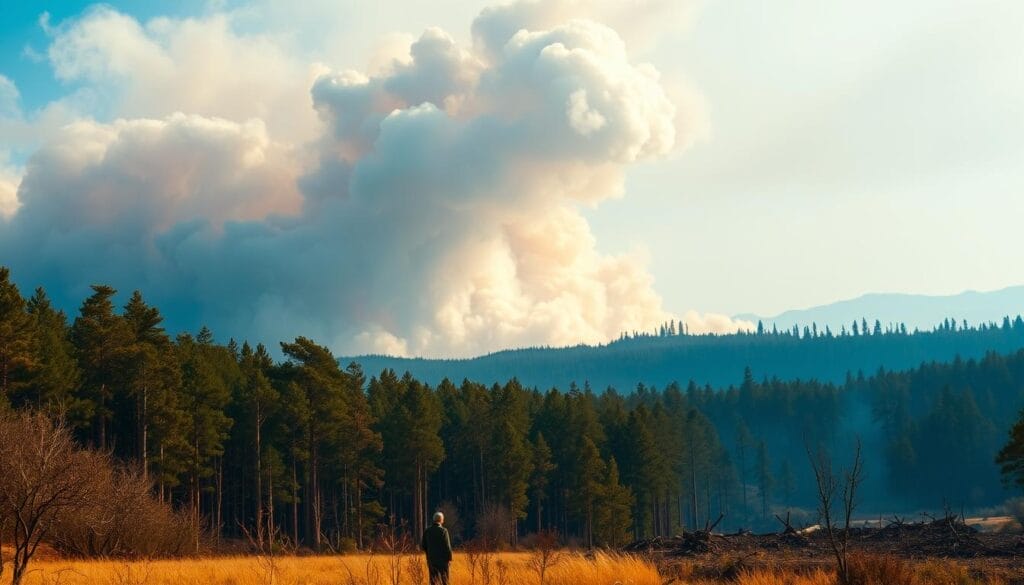 A serene forest, bathed in warm, golden sunlight, stands in stark contrast to the plumes of thick, acrid smoke billowing up from the distant horizon. In the foreground, a lone figure, shoulders weighed down by the burden of anxiety, gazes solemnly at the unsettling sight, their expression reflecting the emotional toll of the environmental crisis. The middle ground reveals a scattering of embers, remnants of the raging wildfire, their faint glow hinting at the destruction left in its wake. The background is shrouded in a hazy, cerulean-tinged atmosphere, a visual metaphor for the impact of the fine particulate matter on mental well-being. The scene evokes a sense of unease, a stark reminder of the delicate balance between the natural world and human health. A serene forest, bathed in warm, golden sunlight, stands in stark contrast to the plumes of thick, acrid smoke billowing up from the distant horizon. In the foreground, a lone figure, shoulders weighed down by the burden of anxiety, gazes solemnly at the unsettling sight, their expression reflecting the emotional toll of the environmental crisis. The middle ground reveals a scattering of embers, remnants of the raging wildfire, their faint glow hinting at the destruction left in its wake. The background is shrouded in a hazy, cerulean-tinged atmosphere, a visual metaphor for the impact of the fine particulate matter on mental well-being. The scene evokes a sense of unease, a stark reminder of the delicate balance between the natural world and human health.