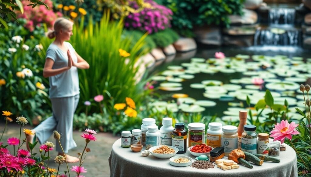 A serene garden setting with lush greenery and vibrant flowers, depicting various non-pharmacological treatments for Parkinson's disease. In the foreground, a person practicing gentle yoga or tai chi, their movements fluid and meditative. The middle ground features a table with an array of natural supplements, herbal remedies, and dietary items. In the background, a peaceful pond with lily pads and a calming waterfall, symbolizing the soothing and restorative power of nature. The lighting is soft and warm, creating a tranquil and rejuvenating atmosphere. The overall scene conveys the holistic approach to managing Parkinson's symptoms through natural, non-pharmaceutical interventions. A serene garden setting with lush greenery and vibrant flowers, depicting various non-pharmacological treatments for Parkinson's disease. In the foreground, a person practicing gentle yoga or tai chi, their movements fluid and meditative. The middle ground features a table with an array of natural supplements, herbal remedies, and dietary items. In the background, a peaceful pond with lily pads and a calming waterfall, symbolizing the soothing and restorative power of nature. The lighting is soft and warm, creating a tranquil and rejuvenating atmosphere. The overall scene conveys the holistic approach to managing Parkinson's symptoms through natural, non-pharmaceutical interventions.