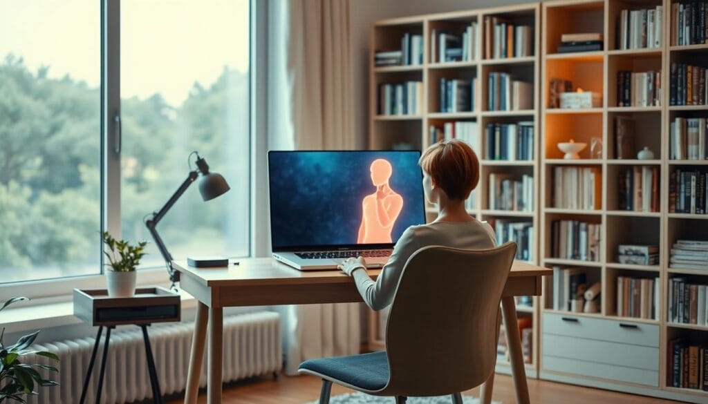 A serene home office setting, with a therapist's desk and chair in the foreground. On the desk, a laptop displays a virtual therapy session with a patient, represented by an abstract, glowing silhouette. The background features a bookshelf filled with psychological texts, and a large window overlooking a tranquil, nature-inspired scene. Soft, warm lighting illuminates the space, creating an atmosphere of thoughtful introspection. The composition conveys the integration of cutting-edge AI technology into the traditional practice of psychotherapy, blending the digital and the analog realms. A serene home office setting, with a therapist's desk and chair in the foreground. On the desk, a laptop displays a virtual therapy session with a patient, represented by an abstract, glowing silhouette. The background features a bookshelf filled with psychological texts, and a large window overlooking a tranquil, nature-inspired scene. Soft, warm lighting illuminates the space, creating an atmosphere of thoughtful introspection. The composition conveys the integration of cutting-edge AI technology into the traditional practice of psychotherapy, blending the digital and the analog realms.