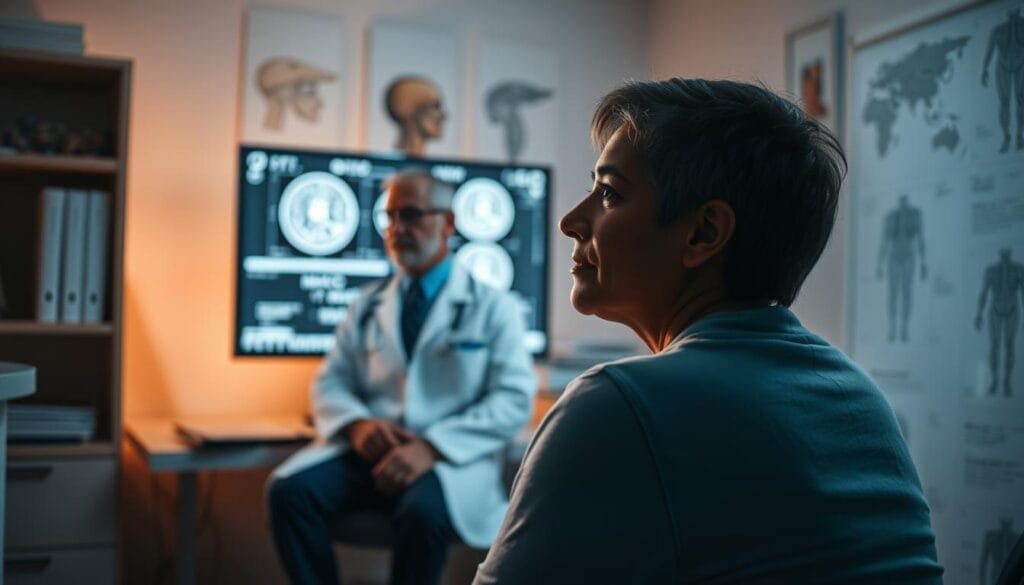 A serene, softly-lit medical office setting, with a doctor in a white coat thoughtfully examining an MRI scan on a computer screen. In the foreground, a patient sits attentively, radiating a sense of trust and openness. The room is bathed in a warm, calming glow, conveying the importance of comprehensive neurological care and the patient's growing awareness of their condition. Subtle anatomical diagrams and reference materials are visible in the background, underscoring the educational aspect of the scene. The overall atmosphere evokes a quiet, collaborative partnership between patient and provider, focused on understanding and managing neurological challenges. A serene, softly-lit medical office setting, with a doctor in a white coat thoughtfully examining an MRI scan on a computer screen. In the foreground, a patient sits attentively, radiating a sense of trust and openness. The room is bathed in a warm, calming glow, conveying the importance of comprehensive neurological care and the patient's growing awareness of their condition. Subtle anatomical diagrams and reference materials are visible in the background, underscoring the educational aspect of the scene. The overall atmosphere evokes a quiet, collaborative partnership between patient and provider, focused on understanding and managing neurological challenges.