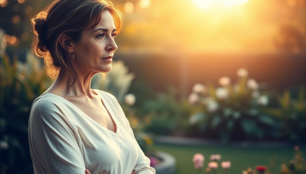 A serene, softly-lit scene depicting the transitional phase of perimenopause. In the foreground, a woman stands gracefully, her expression pensive yet resilient, as she navigates the physical and emotional changes of this pivotal life stage. The middle ground features a tranquil garden, with lush foliage and delicate flowers symbolizing the delicate balance and growth that can occur during perimenopause. The background is bathed in a warm, golden glow, conveying a sense of acceptance and inner strength. The overall atmosphere is one of quiet introspection, inviting the viewer to reflect on the transformative nature of this crucial period in a woman's life. A serene, softly-lit scene depicting the transitional phase of perimenopause. In the foreground, a woman stands gracefully, her expression pensive yet resilient, as she navigates the physical and emotional changes of this pivotal life stage. The middle ground features a tranquil garden, with lush foliage and delicate flowers symbolizing the delicate balance and growth that can occur during perimenopause. The background is bathed in a warm, golden glow, conveying a sense of acceptance and inner strength. The overall atmosphere is one of quiet introspection, inviting the viewer to reflect on the transformative nature of this crucial period in a woman's life.
