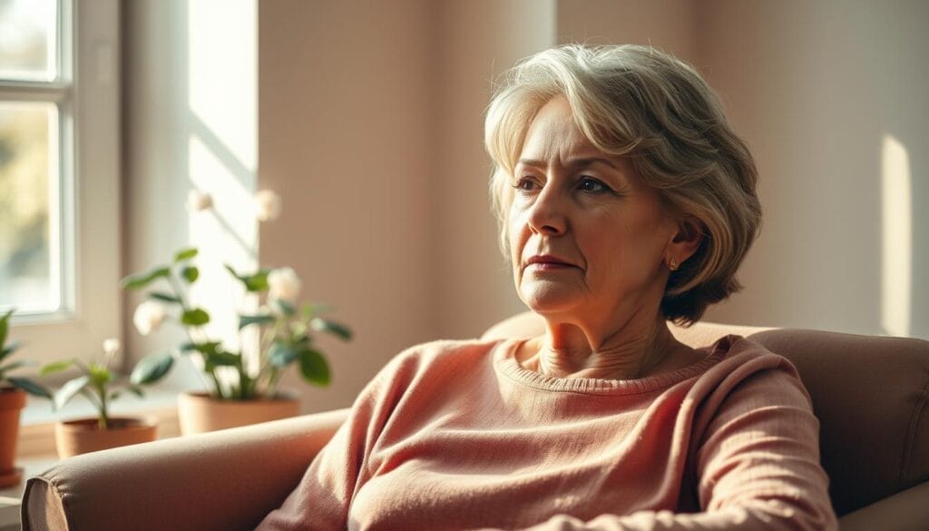 A serene, warm-toned scene depicting a middle-aged woman in quiet reflection during the menopausal transition. She sits comfortably on a plush chair, her expression pensive yet peaceful. Natural light filters through a window, casting a soft glow on her features. In the background, subtle botanical elements, such as potted plants or a delicate floral arrangement, create a calming, nurturing atmosphere. The overall mood is one of introspection, self-care, and the importance of psychological education and support during this significant life stage for women with mental health challenges. A serene, warm-toned scene depicting a middle-aged woman in quiet reflection during the menopausal transition. She sits comfortably on a plush chair, her expression pensive yet peaceful. Natural light filters through a window, casting a soft glow on her features. In the background, subtle botanical elements, such as potted plants or a delicate floral arrangement, create a calming, nurturing atmosphere. The overall mood is one of introspection, self-care, and the importance of psychological education and support during this significant life stage for women with mental health challenges.