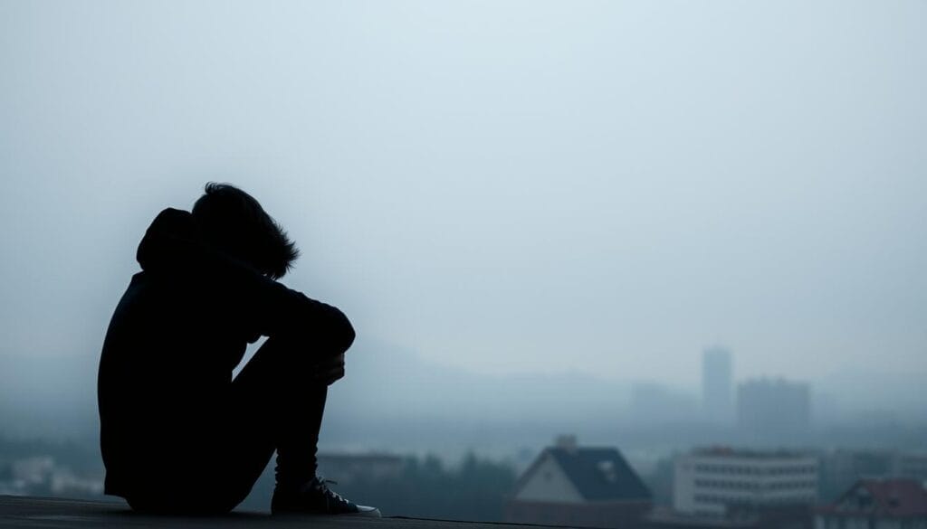 A somber scene depicting the prevalence of adolescent depression. In the foreground, a lone teenager sits hunched, their face obscured by shadows, conveying a sense of isolation and melancholy. The middle ground features a blurred cityscape, reflecting the disconnect between the individual and the outside world. The background is shrouded in a muted, overcast palette, evoking a pervasive sense of gloom. Soft, diffused lighting casts a hazy, introspective atmosphere, emphasizing the emotional weight of the subject matter. The composition draws the viewer's attention inward, inviting contemplation on the challenges faced by young people struggling with mental health issues. A somber scene depicting the prevalence of adolescent depression. In the foreground, a lone teenager sits hunched, their face obscured by shadows, conveying a sense of isolation and melancholy. The middle ground features a blurred cityscape, reflecting the disconnect between the individual and the outside world. The background is shrouded in a muted, overcast palette, evoking a pervasive sense of gloom. Soft, diffused lighting casts a hazy, introspective atmosphere, emphasizing the emotional weight of the subject matter. The composition draws the viewer's attention inward, inviting contemplation on the challenges faced by young people struggling with mental health issues.