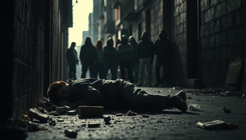 A stark, high-contrast scene depicting the devastating social impact of cocaine addiction. In the foreground, a figure slumped in a dark alley, face obscured, surrounded by discarded drug paraphernalia. Harsh directional lighting casts dramatic shadows, conveying a sense of despair and isolation. In the middle ground, a group of individuals in tattered clothing, faces hidden, huddled together, reflecting the social isolation and marginalization of those trapped in the grip of addiction. The background fades into an anonymous urban landscape, hinting at the pervasive nature of the problem within the community. The overall composition and lighting evoke a somber, unsettling mood, capturing the grave social consequences of cocaine dependency. A stark, high-contrast scene depicting the devastating social impact of cocaine addiction. In the foreground, a figure slumped in a dark alley, face obscured, surrounded by discarded drug paraphernalia. Harsh directional lighting casts dramatic shadows, conveying a sense of despair and isolation. In the middle ground, a group of individuals in tattered clothing, faces hidden, huddled together, reflecting the social isolation and marginalization of those trapped in the grip of addiction. The background fades into an anonymous urban landscape, hinting at the pervasive nature of the problem within the community. The overall composition and lighting evoke a somber, unsettling mood, capturing the grave social consequences of cocaine dependency.