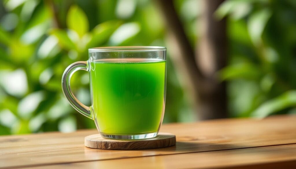 A still life photograph of a glass cup filled with a vibrant green liquid, which appears to be an extract of green tea. The cup is placed on a wooden table, with a blurred background of lush greenery, suggesting a natural, serene setting. The lighting is soft and diffused, creating a calming, contemplative atmosphere. The composition is balanced, with the green liquid serving as the focal point, hinting at the potential health benefits associated with green tea. The overall mood evokes a sense of tranquility and wellness, alluding to the nutraceutical properties of the green tea extract and its potential applications in managing Parkinson's disease symptoms. A still life photograph of a glass cup filled with a vibrant green liquid, which appears to be an extract of green tea. The cup is placed on a wooden table, with a blurred background of lush greenery, suggesting a natural, serene setting. The lighting is soft and diffused, creating a calming, contemplative atmosphere. The composition is balanced, with the green liquid serving as the focal point, hinting at the potential health benefits associated with green tea. The overall mood evokes a sense of tranquility and wellness, alluding to the nutraceutical properties of the green tea extract and its potential applications in managing Parkinson's disease symptoms.