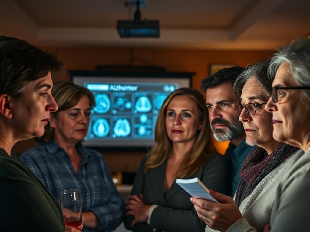 A study group of diverse participants intently examining the results of their Alzheimer's biomarker tests, their expressions a mix of hope, concern, and focused attention. The mid-ground is illuminated by the glow of a projection screen displaying complex data visualizations, while the background is softly blurred, drawing the viewer's eye to the central figures. Warm, yet contemplative lighting casts subtle shadows, creating a pensive atmosphere. The scene is captured through a medium-wide angle lens, allowing for a balanced composition that conveys the participants' personal engagement with the learning process and its outcomes. A study group of diverse participants intently examining the results of their Alzheimer's biomarker tests, their expressions a mix of hope, concern, and focused attention. The mid-ground is illuminated by the glow of a projection screen displaying complex data visualizations, while the background is softly blurred, drawing the viewer's eye to the central figures. Warm, yet contemplative lighting casts subtle shadows, creating a pensive atmosphere. The scene is captured through a medium-wide angle lens, allowing for a balanced composition that conveys the participants' personal engagement with the learning process and its outcomes.