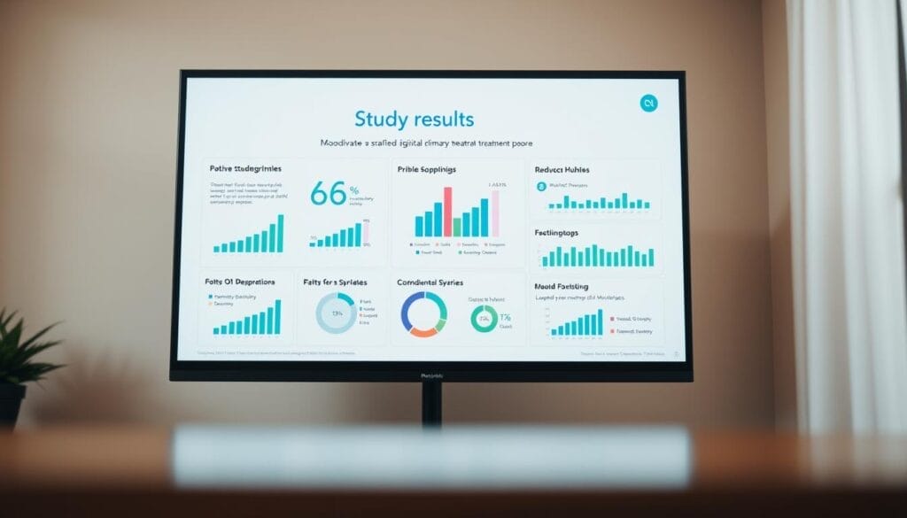 A study results presentation for the Moodivate digital depression treatment program. The screen displays a series of infographics and data visualizations against a clean, minimal backdrop. Warm, natural lighting casts a soft glow, with a shallow depth of field blurring the periphery. The layout is thoughtfully organized, highlighting key metrics and insights in a clear, easy-to-digest manner. The color palette leans on soothing blues and greens, conveying a sense of clinical professionalism and positive wellness. The overall atmosphere is one of measured optimism, reflecting the promising outcomes of the randomized study on Moodivate's efficacy in primary care settings. A study results presentation for the Moodivate digital depression treatment program. The screen displays a series of infographics and data visualizations against a clean, minimal backdrop. Warm, natural lighting casts a soft glow, with a shallow depth of field blurring the periphery. The layout is thoughtfully organized, highlighting key metrics and insights in a clear, easy-to-digest manner. The color palette leans on soothing blues and greens, conveying a sense of clinical professionalism and positive wellness. The overall atmosphere is one of measured optimism, reflecting the promising outcomes of the randomized study on Moodivate's efficacy in primary care settings.