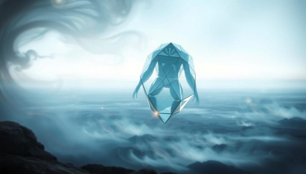 A surreal and ethereal scene of an artificial entity, a "Terzo Artificiale," emerging from a dreamlike landscape. In the foreground, a translucent, geometric figure floats, its edges softly glowing with an otherworldly light. The figure appears to be made of interlocking, prismatic shapes, hinting at a complex, synthetic nature. The middle ground features a vast, abstract expanse, with swirling wisps of color and energy, suggesting a realm beyond our physical understanding. In the background, a horizon line blurs the boundaries between the real and the imagined, creating a sense of limitless potential. The overall atmosphere is one of wonder, introspection, and the exploration of the intersection between the human and the artificial. A surreal and ethereal scene of an artificial entity, a "Terzo Artificiale," emerging from a dreamlike landscape. In the foreground, a translucent, geometric figure floats, its edges softly glowing with an otherworldly light. The figure appears to be made of interlocking, prismatic shapes, hinting at a complex, synthetic nature. The middle ground features a vast, abstract expanse, with swirling wisps of color and energy, suggesting a realm beyond our physical understanding. In the background, a horizon line blurs the boundaries between the real and the imagined, creating a sense of limitless potential. The overall atmosphere is one of wonder, introspection, and the exploration of the intersection between the human and the artificial.