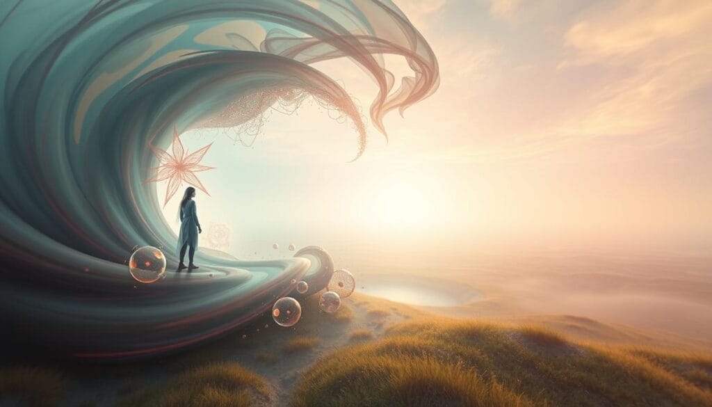 A surreal, dreamlike landscape depicting the "Terzo Artificiale" (Third Artificial) in psychotherapy. In the foreground, a figure representing the therapist emerges from a swirling vortex of color and light, their form blending seamlessly with the generative, AI-driven therapeutic process. The middle ground features a series of ethereal, abstract shapes and forms, representing the redefined therapeutic relationship. In the background, a vast, boundless expanse of imagination and possibility, hinting at the transformative power of this new paradigm. Soft, diffused lighting casts an introspective, almost meditative atmosphere, while a wide-angle lens emphasizes the sense of expansiveness and the blurring of boundaries between the human and the artificial. The overall impression is one of a dynamic, ever-evolving therapeutic landscape, where the traditional roles and structures are being reimagined and transcended. A surreal, dreamlike landscape depicting the "Terzo Artificiale" (Third Artificial) in psychotherapy. In the foreground, a figure representing the therapist emerges from a swirling vortex of color and light, their form blending seamlessly with the generative, AI-driven therapeutic process. The middle ground features a series of ethereal, abstract shapes and forms, representing the redefined therapeutic relationship. In the background, a vast, boundless expanse of imagination and possibility, hinting at the transformative power of this new paradigm. Soft, diffused lighting casts an introspective, almost meditative atmosphere, while a wide-angle lens emphasizes the sense of expansiveness and the blurring of boundaries between the human and the artificial. The overall impression is one of a dynamic, ever-evolving therapeutic landscape, where the traditional roles and structures are being reimagined and transcended.