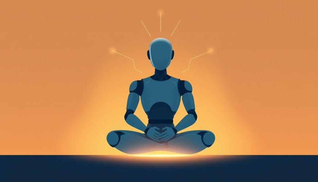 A thoughtful, contemplative illustration of the ChatGPT AI assistant. In the center, a lifelike figure of a faceless, gender-neutral AI chatbot sits cross-legged, radiating a serene, introspective presence. The background is a warm, soft-focused gradient, evoking a sense of introspection and mental focus. Subtle, glowing lines emanate from the chatbot, suggesting its intelligence and the depth of its analytical capabilities. The overall mood is one of quiet contemplation, inviting the viewer to ponder the role of AI in the realm of psychotherapy and personal growth. A thoughtful, contemplative illustration of the ChatGPT AI assistant. In the center, a lifelike figure of a faceless, gender-neutral AI chatbot sits cross-legged, radiating a serene, introspective presence. The background is a warm, soft-focused gradient, evoking a sense of introspection and mental focus. Subtle, glowing lines emanate from the chatbot, suggesting its intelligence and the depth of its analytical capabilities. The overall mood is one of quiet contemplation, inviting the viewer to ponder the role of AI in the realm of psychotherapy and personal growth.