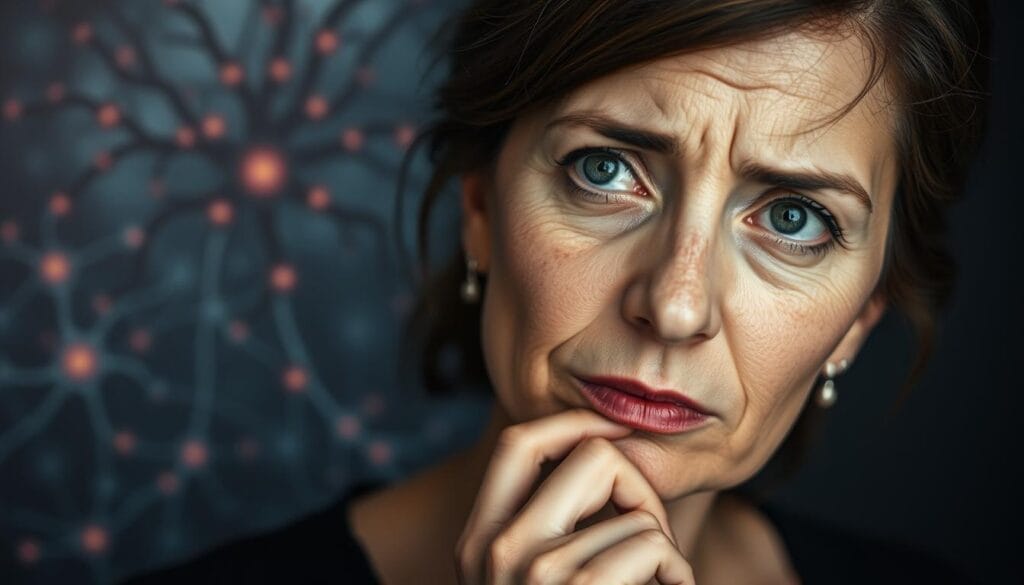 A thoughtful woman's face, depicting a pensive expression, set against a background of neural pathways and neuroinflammatory patterns. Subtle lighting illuminates the subject's features, highlighting her concern and the cognitive strain she experiences. The composition emphasizes the interconnectedness between the woman's emotional state and the underlying neurological processes, capturing the essence of the article's subject. Muted tones and a sense of introspection convey the gravity of the topic. The image aims to evoke empathy and invite the viewer to consider the impact of neuroinflammation on cognitive decline in women. A thoughtful woman's face, depicting a pensive expression, set against a background of neural pathways and neuroinflammatory patterns. Subtle lighting illuminates the subject's features, highlighting her concern and the cognitive strain she experiences. The composition emphasizes the interconnectedness between the woman's emotional state and the underlying neurological processes, capturing the essence of the article's subject. Muted tones and a sense of introspection convey the gravity of the topic. The image aims to evoke empathy and invite the viewer to consider the impact of neuroinflammation on cognitive decline in women.