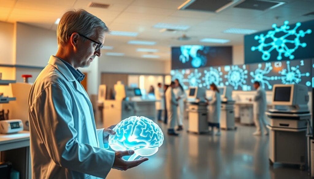 A tranquil medical research laboratory with state-of-the-art equipment. In the foreground, a researcher in a white lab coat examines a detailed 3D brain model, illuminated by the soft glow of holographic screens. In the middle ground, other scientists collaborate over digital displays, discussing the latest breakthroughs in Parkinson's treatment. The background reveals an expansive, well-lit space filled with advanced diagnostic machines and molecular diagrams projected onto the walls, conveying an atmosphere of innovation and discovery. Warm, natural lighting casts a sense of hope and optimism upon the scene. A tranquil medical research laboratory with state-of-the-art equipment. In the foreground, a researcher in a white lab coat examines a detailed 3D brain model, illuminated by the soft glow of holographic screens. In the middle ground, other scientists collaborate over digital displays, discussing the latest breakthroughs in Parkinson's treatment. The background reveals an expansive, well-lit space filled with advanced diagnostic machines and molecular diagrams projected onto the walls, conveying an atmosphere of innovation and discovery. Warm, natural lighting casts a sense of hope and optimism upon the scene.