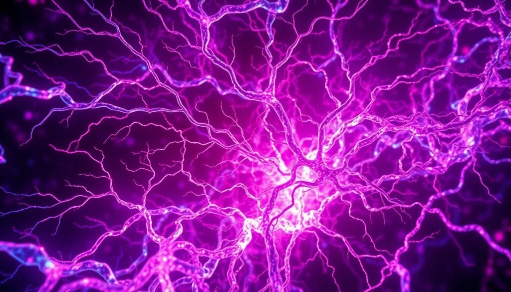 A vibrant, psychedelic neural landscape pulsates with dynamic energy. Intricate, swirling patterns of neon hues in shades of pink, purple, and blue undulate across a cerebral canvas, suggesting the plasticity and interconnectivity of the human brain. Shimmering, translucent neuronal pathways branch out in a mesmerizing dance, mirroring the effects of psychedelic compounds on cognition and perception. Dramatic lighting casts dramatic shadows, creating a sense of depth and dimensionality. The overall composition evokes a profound, mind-expanding experience, capturing the essence of the relationship between psychedelics and neuroplasticity. A vibrant, psychedelic neural landscape pulsates with dynamic energy. Intricate, swirling patterns of neon hues in shades of pink, purple, and blue undulate across a cerebral canvas, suggesting the plasticity and interconnectivity of the human brain. Shimmering, translucent neuronal pathways branch out in a mesmerizing dance, mirroring the effects of psychedelic compounds on cognition and perception. Dramatic lighting casts dramatic shadows, creating a sense of depth and dimensionality. The overall composition evokes a profound, mind-expanding experience, capturing the essence of the relationship between psychedelics and neuroplasticity.