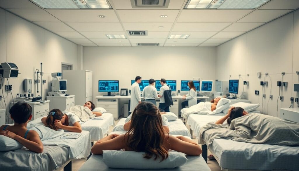 A well-lit, spacious sleep research laboratory, with an array of medical equipment and monitoring devices. In the foreground, a group of teenage participants lying on comfortable beds, connected to sensors tracking their sleep patterns and brain activity. The middle ground showcases a team of researchers intently observing data on multiple computer screens, analyzing the correlations between sleep duration and cognitive performance. The background depicts a serene, contemplative atmosphere, with minimalist decor and a soothing color palette to evoke the tranquility of the sleep study. Soft, diffused lighting illuminates the scene, creating a sense of scientific inquiry and academic rigor. A well-lit, spacious sleep research laboratory, with an array of medical equipment and monitoring devices. In the foreground, a group of teenage participants lying on comfortable beds, connected to sensors tracking their sleep patterns and brain activity. The middle ground showcases a team of researchers intently observing data on multiple computer screens, analyzing the correlations between sleep duration and cognitive performance. The background depicts a serene, contemplative atmosphere, with minimalist decor and a soothing color palette to evoke the tranquility of the sleep study. Soft, diffused lighting illuminates the scene, creating a sense of scientific inquiry and academic rigor.