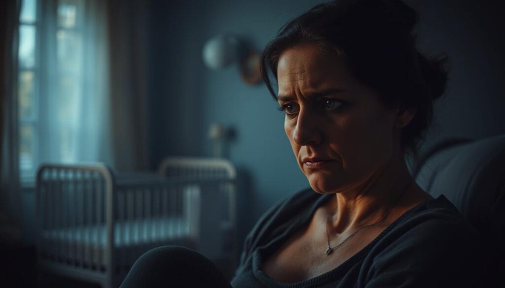 A woman sits alone, her face etched with sorrow, as the weight of postpartum depression settles upon her. The dimly lit room casts a moody, introspective atmosphere, conveying the isolation and emotional turmoil she experiences. Soft, warm lighting illuminates her features, highlighting the exhaustion and vulnerability in her eyes. In the background, subtle hints of a nursery suggest the contrast between the joy of new life and the overwhelming challenges she faces. Subtle hues of blue and gray permeate the scene, reflecting the somber and melancholic mood. The composition emphasizes the woman's solitude, drawing the viewer's attention to her inner struggle and the complexities of this condition. A woman sits alone, her face etched with sorrow, as the weight of postpartum depression settles upon her. The dimly lit room casts a moody, introspective atmosphere, conveying the isolation and emotional turmoil she experiences. Soft, warm lighting illuminates her features, highlighting the exhaustion and vulnerability in her eyes. In the background, subtle hints of a nursery suggest the contrast between the joy of new life and the overwhelming challenges she faces. Subtle hues of blue and gray permeate the scene, reflecting the somber and melancholic mood. The composition emphasizes the woman's solitude, drawing the viewer's attention to her inner struggle and the complexities of this condition.