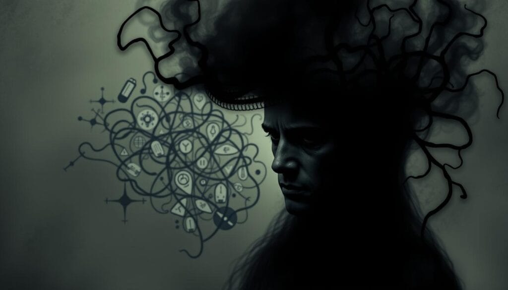 An ominous, yet intricate interplay of two coexisting conditions - diabetes and depression. In the foreground, a human figure is shrouded in a fog of mental anguish, their expression a tapestry of worry and despair. Tendrils of darkness envelop them, representing the profound psychological toll. In the middle ground, a tangle of medical symbols and diagnostics allude to the physiological mechanisms linking these two ailments. The background is a muted, somber palette, conveying the weightiness and complexity of this bidirecional relationship. Dramatic chiaroscuro lighting casts deep shadows, heightening the sense of gravity. The overall tone is pensive, symbolic of the need to unravel this multifaceted connection between diabetes and depression. An ominous, yet intricate interplay of two coexisting conditions - diabetes and depression. In the foreground, a human figure is shrouded in a fog of mental anguish, their expression a tapestry of worry and despair. Tendrils of darkness envelop them, representing the profound psychological toll. In the middle ground, a tangle of medical symbols and diagnostics allude to the physiological mechanisms linking these two ailments. The background is a muted, somber palette, conveying the weightiness and complexity of this bidirecional relationship. Dramatic chiaroscuro lighting casts deep shadows, heightening the sense of gravity. The overall tone is pensive, symbolic of the need to unravel this multifaceted connection between diabetes and depression.