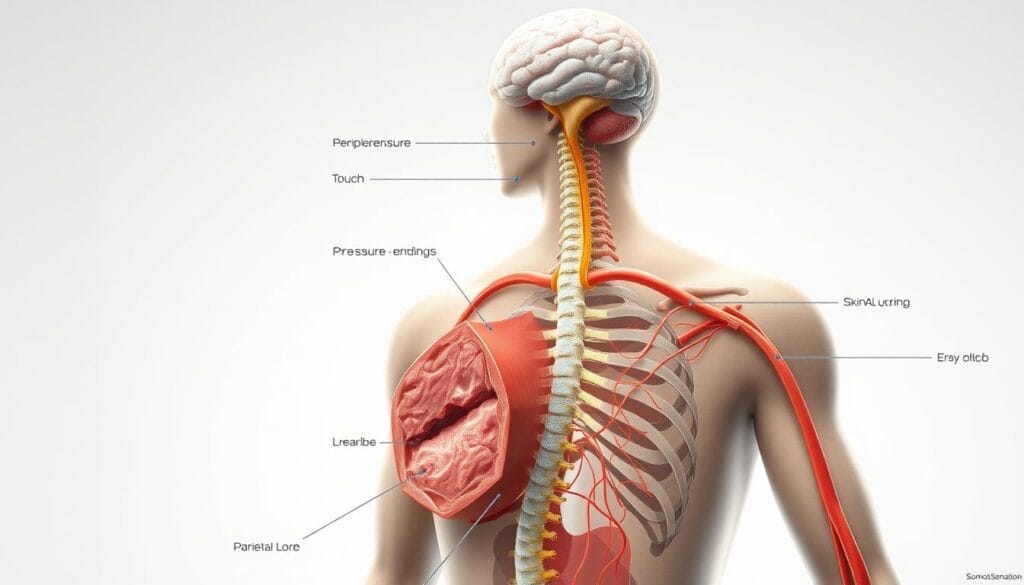 Definizione somatosensazione: A detailed anatomical illustration depicting the various mechanisms and pathways of somatosensation in the human body. Rendered in a clean, scientific style with a neutral color palette, the image should focus on the key sensory receptors, nerves, and neural connections responsible for processing touch, pressure, temperature, and proprioception. The foreground should feature a cross-sectional view highlighting the diverse array of specialized sensory endings in the skin, muscles, and joints. The middle ground should showcase the integration of these peripheral signals within the spinal cord and brainstem. The background should depict the higher-order somatosensory cortical regions, with a subtle emphasis on the parietal lobe. The overall lighting should be soft and diffuse, conveying a sense of clinical precision and educational clarity. Definizione somatosensazione: A detailed anatomical illustration depicting the various mechanisms and pathways of somatosensation in the human body. Rendered in a clean, scientific style with a neutral color palette, the image should focus on the key sensory receptors, nerves, and neural connections responsible for processing touch, pressure, temperature, and proprioception. The foreground should feature a cross-sectional view highlighting the diverse array of specialized sensory endings in the skin, muscles, and joints. The middle ground should showcase the integration of these peripheral signals within the spinal cord and brainstem. The background should depict the higher-order somatosensory cortical regions, with a subtle emphasis on the parietal lobe. The overall lighting should be soft and diffuse, conveying a sense of clinical precision and educational clarity.