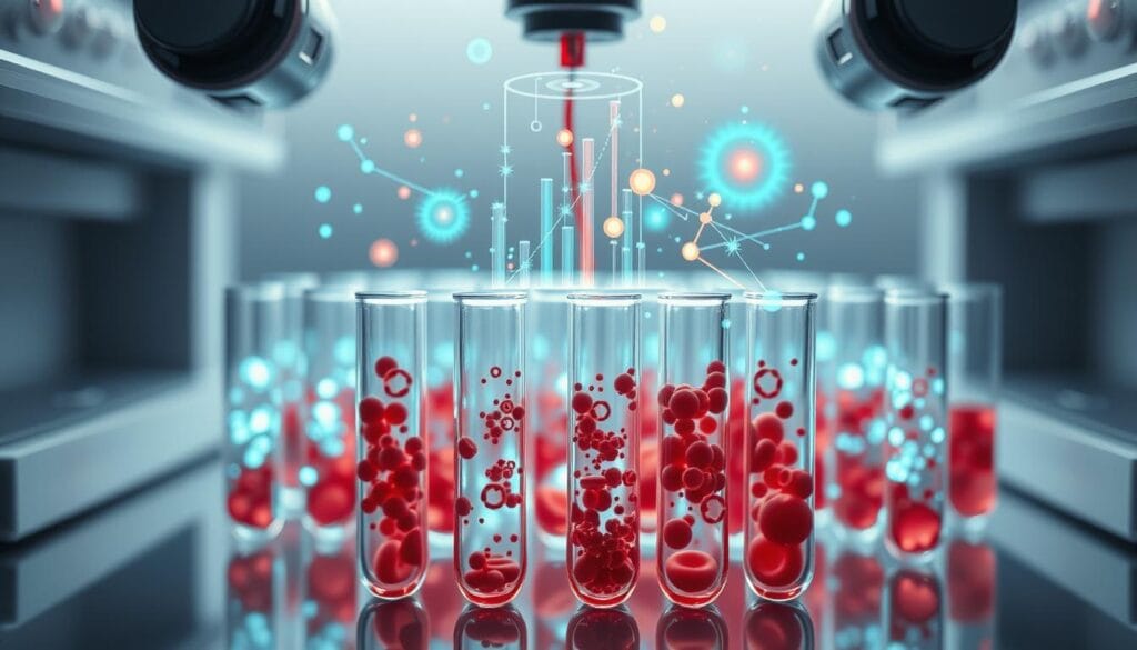 Detailed cross-section of blood samples, revealing intricate patterns and concentrations of key biomarkers associated with Alzheimer's disease. Glowing data visualizations float above the sample vials, infusing the scene with a sense of scientific discovery. Soft, diffused lighting casts a contemplative mood, while the composition is balanced and symmetrical, emphasizing the clinical precision of the analysis. Sleek, minimalist lab equipment surrounds the central subject, hinting at the advanced technology powering these revolutionary diagnostic tools. Detailed cross-section of blood samples, revealing intricate patterns and concentrations of key biomarkers associated with Alzheimer's disease. Glowing data visualizations float above the sample vials, infusing the scene with a sense of scientific discovery. Soft, diffused lighting casts a contemplative mood, while the composition is balanced and symmetrical, emphasizing the clinical precision of the analysis. Sleek, minimalist lab equipment surrounds the central subject, hinting at the advanced technology powering these revolutionary diagnostic tools.