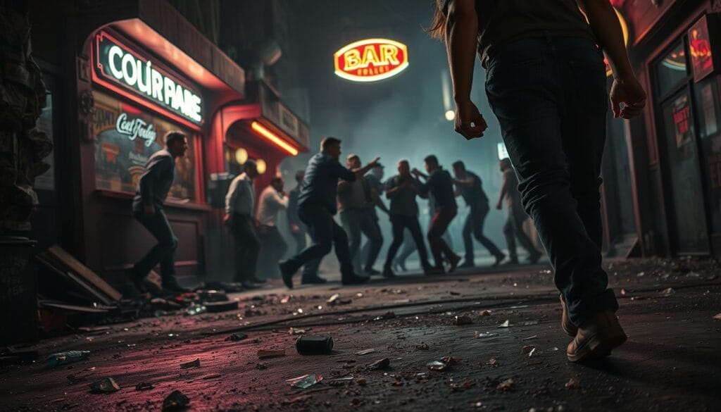 Gritty street scene depicting the harsh realities of alcohol abuse and aggression. In the foreground, a disheveled, inebriated figure stumbles aggressively, fists clenched. Shattered glass and debris litter the ground. The middle ground features a shadowy brawl, bodies tangled in a blur of violence. In the background, a neon-lit bar casts an eerie glow, symbolizing the source of the chaos. The scene is shot from a low angle, emphasizing the squalor and desperation. Dramatic chiaroscuro lighting creates a stark, unsettling atmosphere, underscoring the dangers of unchecked alcohol consumption and its link to abusive behaviors. Gritty street scene depicting the harsh realities of alcohol abuse and aggression. In the foreground, a disheveled, inebriated figure stumbles aggressively, fists clenched. Shattered glass and debris litter the ground. The middle ground features a shadowy brawl, bodies tangled in a blur of violence. In the background, a neon-lit bar casts an eerie glow, symbolizing the source of the chaos. The scene is shot from a low angle, emphasizing the squalor and desperation. Dramatic chiaroscuro lighting creates a stark, unsettling atmosphere, underscoring the dangers of unchecked alcohol consumption and its link to abusive behaviors.