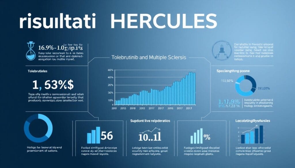 Vibrant and authoritative image showcasing the "risultati HERCULES" for a medical study on Tolebrutinib and Multiple Sclerosis. A bold, modern infographic-style layout with clean typography, precise data visualizations, and subtle scientific imagery. The composition features a central data chart or graph surrounded by supporting statistical details and icons, all set against a sleek, professional background with a hint of texture. Use a palette of cool blues, grays, and whites to convey a sense of reliability and trust. Employ a slightly low camera angle to imbue the image with a sense of authority and importance.