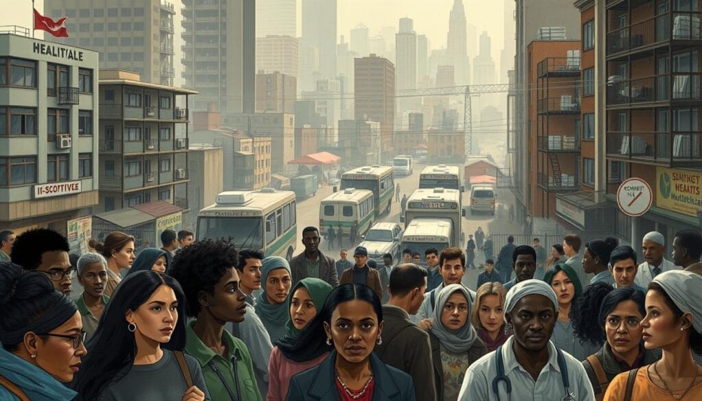a detailed illustration of the socioeconomic inequalities impacting access to mental healthcare, depicting a diverse group of people from different socioeconomic backgrounds in a bustling urban environment. The foreground shows individuals of varying ages, races, and social classes, some struggling to access medical services while others appear to have greater ease of access. The middle ground features a network of healthcare facilities, some overburdened and others well-resourced. The background establishes a sense of the broader societal context, with stark contrasts in infrastructure, housing, and employment opportunities across different neighborhoods. The scene is rendered with a muted, somber color palette to convey the gravity of the issue, while dynamic lighting and subtle details add depth and emotional resonance. a detailed illustration of the socioeconomic inequalities impacting access to mental healthcare, depicting a diverse group of people from different socioeconomic backgrounds in a bustling urban environment. The foreground shows individuals of varying ages, races, and social classes, some struggling to access medical services while others appear to have greater ease of access. The middle ground features a network of healthcare facilities, some overburdened and others well-resourced. The background establishes a sense of the broader societal context, with stark contrasts in infrastructure, housing, and employment opportunities across different neighborhoods. The scene is rendered with a muted, somber color palette to convey the gravity of the issue, while dynamic lighting and subtle details add depth and emotional resonance.