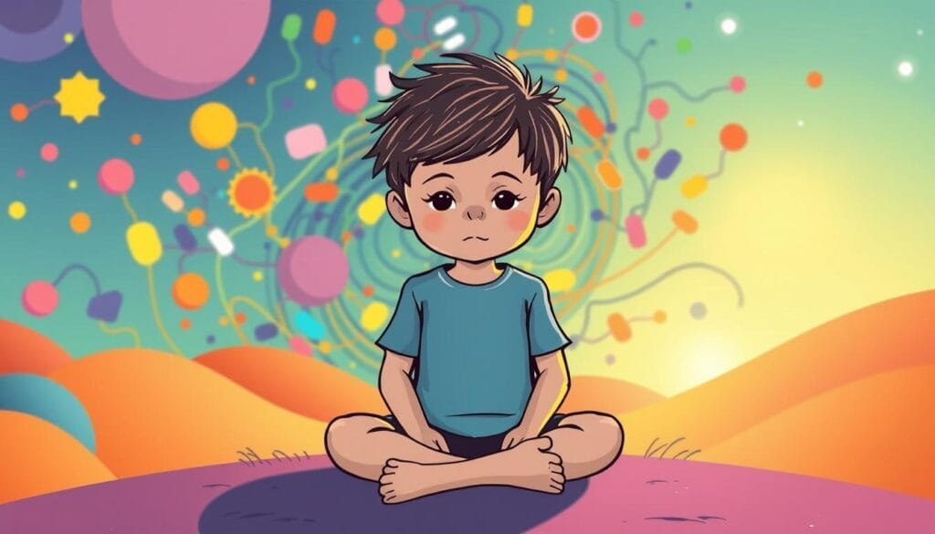 A bright, imaginative illustration of executive functions in a child's mind. In the foreground, a young figure sits cross-legged, brow furrowed in concentration as they navigate a maze-like landscape of colorful, abstract shapes and patterns. The middle ground features a swirling kaleidoscope of cognitive processes - memory, attention, and problem-solving - represented by dynamic, intertwining visual elements. In the background, a soft, ethereal glow emanates, symbolizing the child's inner world of executive control. The composition is balanced, with a sense of movement and harmony, conveying the impact of physical activity on the development of these crucial mental abilities in children with autism spectrum disorder. A bright, imaginative illustration of executive functions in a child's mind. In the foreground, a young figure sits cross-legged, brow furrowed in concentration as they navigate a maze-like landscape of colorful, abstract shapes and patterns. The middle ground features a swirling kaleidoscope of cognitive processes - memory, attention, and problem-solving - represented by dynamic, intertwining visual elements. In the background, a soft, ethereal glow emanates, symbolizing the child's inner world of executive control. The composition is balanced, with a sense of movement and harmony, conveying the impact of physical activity on the development of these crucial mental abilities in children with autism spectrum disorder.