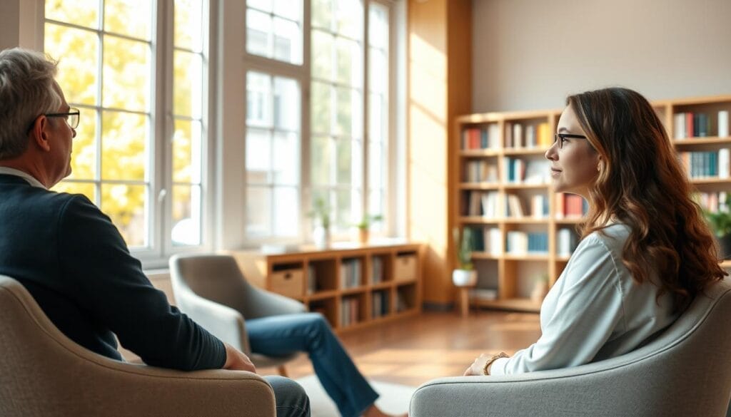A bright, modern therapy room with large windows, warm natural lighting, and a serene atmosphere. In the foreground, a therapist and patient sit across from each other, engaged in a thoughtful discussion. The therapist's expression is calm and attentive, while the patient's face reflects a sense of focus and openness. In the background, bookshelves line the walls, hinting at the wealth of knowledge and resources available. The overall scene conveys a sense of safety, trust, and the collaborative nature of cognitive-behavioral therapy. A bright, modern therapy room with large windows, warm natural lighting, and a serene atmosphere. In the foreground, a therapist and patient sit across from each other, engaged in a thoughtful discussion. The therapist's expression is calm and attentive, while the patient's face reflects a sense of focus and openness. In the background, bookshelves line the walls, hinting at the wealth of knowledge and resources available. The overall scene conveys a sense of safety, trust, and the collaborative nature of cognitive-behavioral therapy.