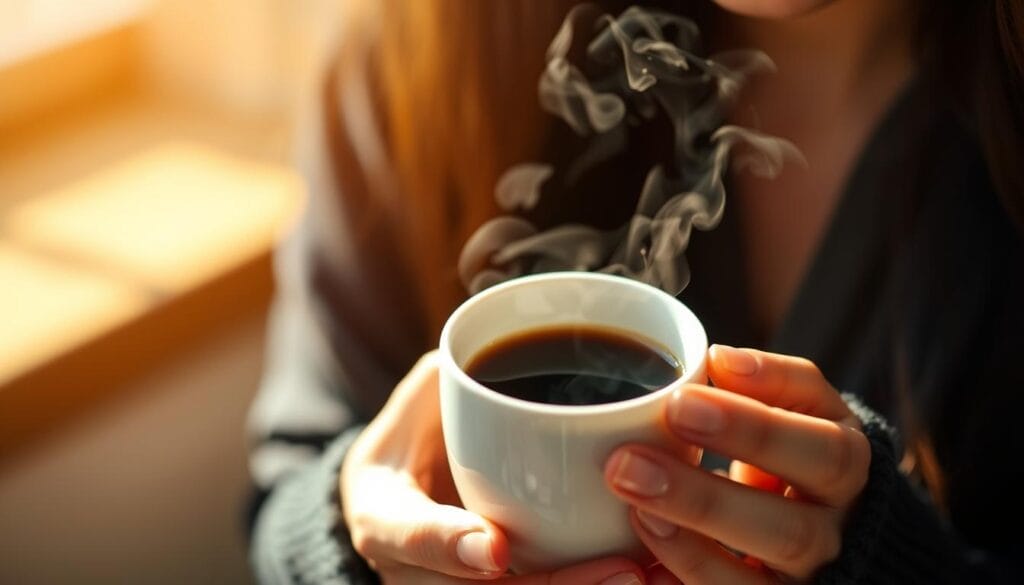 A close-up view of a woman's hand gently holding a steaming cup of freshly brewed coffee, its aromatic steam rising gracefully against a softly blurred background. The lighting is warm and natural, casting a cozy glow on the scene. The composition emphasizes the delicate interaction between the hand and the cup, conveying a sense of care and mindfulness. The deep, rich color of the coffee contrasts beautifully with the woman's skin tone, creating a visually striking and harmonious image that evokes a moment of tranquil self-care and appreciation for the simple pleasures in life. A close-up view of a woman's hand gently holding a steaming cup of freshly brewed coffee, its aromatic steam rising gracefully against a softly blurred background. The lighting is warm and natural, casting a cozy glow on the scene. The composition emphasizes the delicate interaction between the hand and the cup, conveying a sense of care and mindfulness. The deep, rich color of the coffee contrasts beautifully with the woman's skin tone, creating a visually striking and harmonious image that evokes a moment of tranquil self-care and appreciation for the simple pleasures in life.