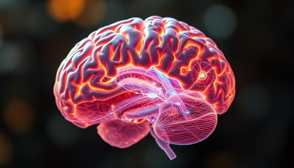 A cross-section of the human brain, rendered in a surreal, dreamlike style. The cerebral cortex glows with a pulsing, iridescent energy, representing the brain's remarkable capacity for neuroplasticity and adaptation. Intricate neural pathways snake through the brain's interior, connecting various regions in a complex web of activity. The background is softly blurred, creating a sense of depth and focus on the central cerebral structure. Warm, natural lighting illuminates the scene, evoking a sense of wonder and the power of the human mind. The overall composition conveys the dynamic, ever-changing nature of the brain and its pivotal role in mental health and wellbeing. A cross-section of the human brain, rendered in a surreal, dreamlike style. The cerebral cortex glows with a pulsing, iridescent energy, representing the brain's remarkable capacity for neuroplasticity and adaptation. Intricate neural pathways snake through the brain's interior, connecting various regions in a complex web of activity. The background is softly blurred, creating a sense of depth and focus on the central cerebral structure. Warm, natural lighting illuminates the scene, evoking a sense of wonder and the power of the human mind. The overall composition conveys the dynamic, ever-changing nature of the brain and its pivotal role in mental health and wellbeing.