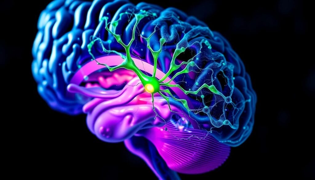 A detailed cross-section view of the human brain, highlighting the complex network of biomolecular pathways associated with psychosis. Vibrant hues of blue, green, and purple depict the intricate chemical signatures of neurotransmitters, metabolites, and genetic markers. The foreground features a central hub of neural activity, with branching pathways radiating outwards, conveying the dynamic and interconnected nature of these biomarkers. The middle ground showcases a microscopic view of blood vessels and surrounding tissues, emphasizing the importance of blood-based diagnostics. The background is softly blurred, creating a sense of depth and emphasizing the focal points. Dramatic, high-contrast lighting casts dramatic shadows, lending a sense of depth and drama to the scene, reflecting the gravity of the topic. A detailed cross-section view of the human brain, highlighting the complex network of biomolecular pathways associated with psychosis. Vibrant hues of blue, green, and purple depict the intricate chemical signatures of neurotransmitters, metabolites, and genetic markers. The foreground features a central hub of neural activity, with branching pathways radiating outwards, conveying the dynamic and interconnected nature of these biomarkers. The middle ground showcases a microscopic view of blood vessels and surrounding tissues, emphasizing the importance of blood-based diagnostics. The background is softly blurred, creating a sense of depth and emphasizing the focal points. Dramatic, high-contrast lighting casts dramatic shadows, lending a sense of depth and drama to the scene, reflecting the gravity of the topic.
