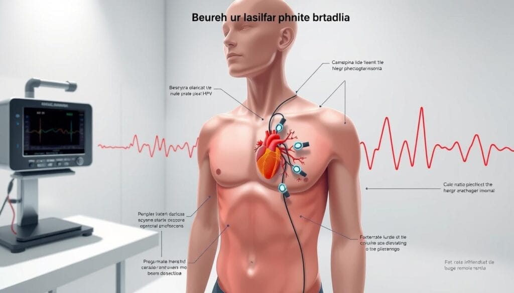 A detailed medical diagram depicting the measurement of heart rate variability (HRV). A clear, clinical illustration shows the setup with sensors attached to a person's chest, connected to monitoring equipment. The scene is illuminated by bright, neutral lighting, captured from a slightly elevated angle to provide a comprehensive view. The overall tone is informative and precise, conveying the scientific nature of the HRV assessment process. The image should visually support the "Metodologia dello Studio Pilota" section of the article on using diaphragmatic breathing to combat insomnia. A detailed medical diagram depicting the measurement of heart rate variability (HRV). A clear, clinical illustration shows the setup with sensors attached to a person's chest, connected to monitoring equipment. The scene is illuminated by bright, neutral lighting, captured from a slightly elevated angle to provide a comprehensive view. The overall tone is informative and precise, conveying the scientific nature of the HRV assessment process. The image should visually support the "Metodologia dello Studio Pilota" section of the article on using diaphragmatic breathing to combat insomnia.