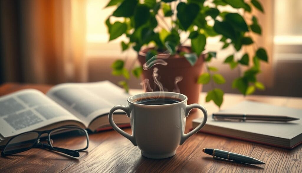 A detailed still life depicting the cognitive benefits of coffee, showcasing a well-lit, elegantly arranged scene. In the foreground, a steaming cup of freshly brewed coffee sits atop a wooden table, its rich aroma filling the air. Surrounding the cup are various elements symbolizing mental acuity and focus: a open book, a pair of reading glasses, and a small notebook with a pen resting nearby. In the middle ground, lush, verdant leaves cascade from a potted plant, evoking a sense of vitality and growth. The background features warm, diffused lighting, casting a cozy, contemplative atmosphere. The overall composition conveys the idea of coffee as a ally in healthy mental aging, a natural elixir that nourishes the mind. A detailed still life depicting the cognitive benefits of coffee, showcasing a well-lit, elegantly arranged scene. In the foreground, a steaming cup of freshly brewed coffee sits atop a wooden table, its rich aroma filling the air. Surrounding the cup are various elements symbolizing mental acuity and focus: a open book, a pair of reading glasses, and a small notebook with a pen resting nearby. In the middle ground, lush, verdant leaves cascade from a potted plant, evoking a sense of vitality and growth. The background features warm, diffused lighting, casting a cozy, contemplative atmosphere. The overall composition conveys the idea of coffee as a ally in healthy mental aging, a natural elixir that nourishes the mind.