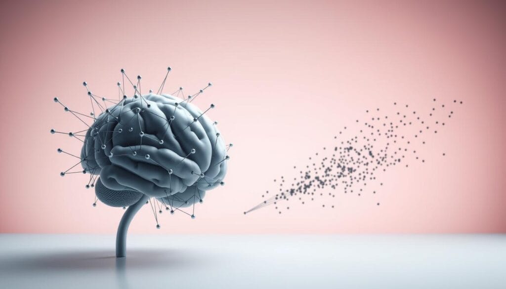 A detailed visualization of "predizione della depressione con connettività dei sintomi". In the foreground, a brain model with interconnected nodes representing the complex web of depressive symptoms. The nodes pulsate and fluctuate, symbolizing the dynamic nature of mental health. In the middle ground, a scatter plot of patient data points, each one a unique trajectory of symptom correlations. The background features a muted, pastel-toned gradient, evoking a sense of introspection and the delicate balance of mental states. Soft, diffused lighting casts a pensive atmosphere, emphasizing the cerebral and analytical nature of this predictive model. The overall composition conveys the holistic, data-driven approach to understanding the transition from depression to mental wellness. A detailed visualization of "predizione della depressione con connettività dei sintomi". In the foreground, a brain model with interconnected nodes representing the complex web of depressive symptoms. The nodes pulsate and fluctuate, symbolizing the dynamic nature of mental health. In the middle ground, a scatter plot of patient data points, each one a unique trajectory of symptom correlations. The background features a muted, pastel-toned gradient, evoking a sense of introspection and the delicate balance of mental states. Soft, diffused lighting casts a pensive atmosphere, emphasizing the cerebral and analytical nature of this predictive model. The overall composition conveys the holistic, data-driven approach to understanding the transition from depression to mental wellness.
