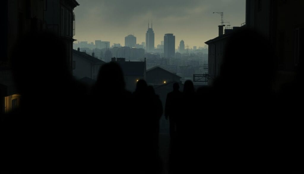 A dimly lit European cityscape at night, with a sense of unease and danger. In the foreground, blurry figures representing synthetic drug users, their faces obscured. In the middle ground, shadowy silhouettes of drug dealers and traffickers, moving furtively through alleyways. In the background, a hazy skyline with towering high-rises, signifying the urban landscape where these illicit activities take place. The scene is rendered in a muted color palette, evoking a sense of grit and decay. Subtle use of chiaroscuro lighting creates dramatic contrasts, heightening the sense of tension and foreboding. The overall atmosphere is one of a growing crisis, a warning of the escalating threat of synthetic drugs in Europe. A dimly lit European cityscape at night, with a sense of unease and danger. In the foreground, blurry figures representing synthetic drug users, their faces obscured. In the middle ground, shadowy silhouettes of drug dealers and traffickers, moving furtively through alleyways. In the background, a hazy skyline with towering high-rises, signifying the urban landscape where these illicit activities take place. The scene is rendered in a muted color palette, evoking a sense of grit and decay. Subtle use of chiaroscuro lighting creates dramatic contrasts, heightening the sense of tension and foreboding. The overall atmosphere is one of a growing crisis, a warning of the escalating threat of synthetic drugs in Europe.