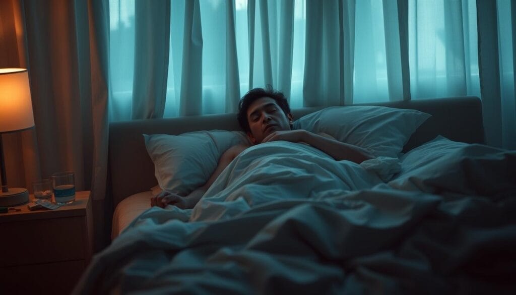 A dimly lit bedroom, the curtains drawn, casting a hazy glow over a restless figure tossing and turning in a disheveled bed. Dark circles under the eyes, a weary expression, and a palpable sense of exhaustion permeate the scene. The middle ground features a nightstand with a glass of water and a few scattered sleeping aids, while the background fades into a blurred, dreamlike state, symbolizing the struggle to find respite. The lighting is soft, with subtle shadows accentuating the tension and discomfort of the subject. The overall mood is one of disruption, a visual representation of the effects of sleep deprivation on the human body and mind. A dimly lit bedroom, the curtains drawn, casting a hazy glow over a restless figure tossing and turning in a disheveled bed. Dark circles under the eyes, a weary expression, and a palpable sense of exhaustion permeate the scene. The middle ground features a nightstand with a glass of water and a few scattered sleeping aids, while the background fades into a blurred, dreamlike state, symbolizing the struggle to find respite. The lighting is soft, with subtle shadows accentuating the tension and discomfort of the subject. The overall mood is one of disruption, a visual representation of the effects of sleep deprivation on the human body and mind.