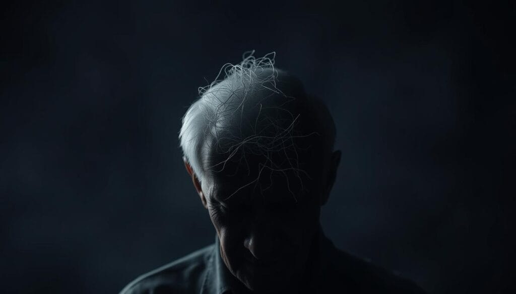 A dimly lit scene of an elderly person's head, their face obscured by shadows, suggesting the onset of cognitive decline. In the middle ground, a tangled web of neural pathways, representing the gradual deterioration of brain function. The background is hazy, evoking the uncertainty and unease that surrounds the risk of dementia. The lighting is somber, casting a moody, introspective atmosphere. The composition emphasizes the vulnerability and isolation experienced by those facing the prospect of memory loss and cognitive impairment. A dimly lit scene of an elderly person's head, their face obscured by shadows, suggesting the onset of cognitive decline. In the middle ground, a tangled web of neural pathways, representing the gradual deterioration of brain function. The background is hazy, evoking the uncertainty and unease that surrounds the risk of dementia. The lighting is somber, casting a moody, introspective atmosphere. The composition emphasizes the vulnerability and isolation experienced by those facing the prospect of memory loss and cognitive impairment.