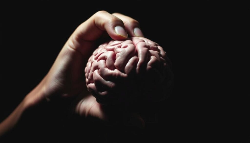 A high-contrast close-up of an impulsive hand grasping a brain, symbolizing the impact of acute stress on executive functions. The hand, partially obscured by a shadowy background, conveys a sense of urgency and lack of control. Dramatic chiaroscuro lighting accentuates the tension, with the brain's intricate structure visible through the gaps between the fingers. The composition is centered, with a shallow depth of field to focus the viewer's attention on the core subject matter. The overall mood is one of cognitive strain and the struggle to maintain self-regulation under duress. A high-contrast close-up of an impulsive hand grasping a brain, symbolizing the impact of acute stress on executive functions. The hand, partially obscured by a shadowy background, conveys a sense of urgency and lack of control. Dramatic chiaroscuro lighting accentuates the tension, with the brain's intricate structure visible through the gaps between the fingers. The composition is centered, with a shallow depth of field to focus the viewer's attention on the core subject matter. The overall mood is one of cognitive strain and the struggle to maintain self-regulation under duress.